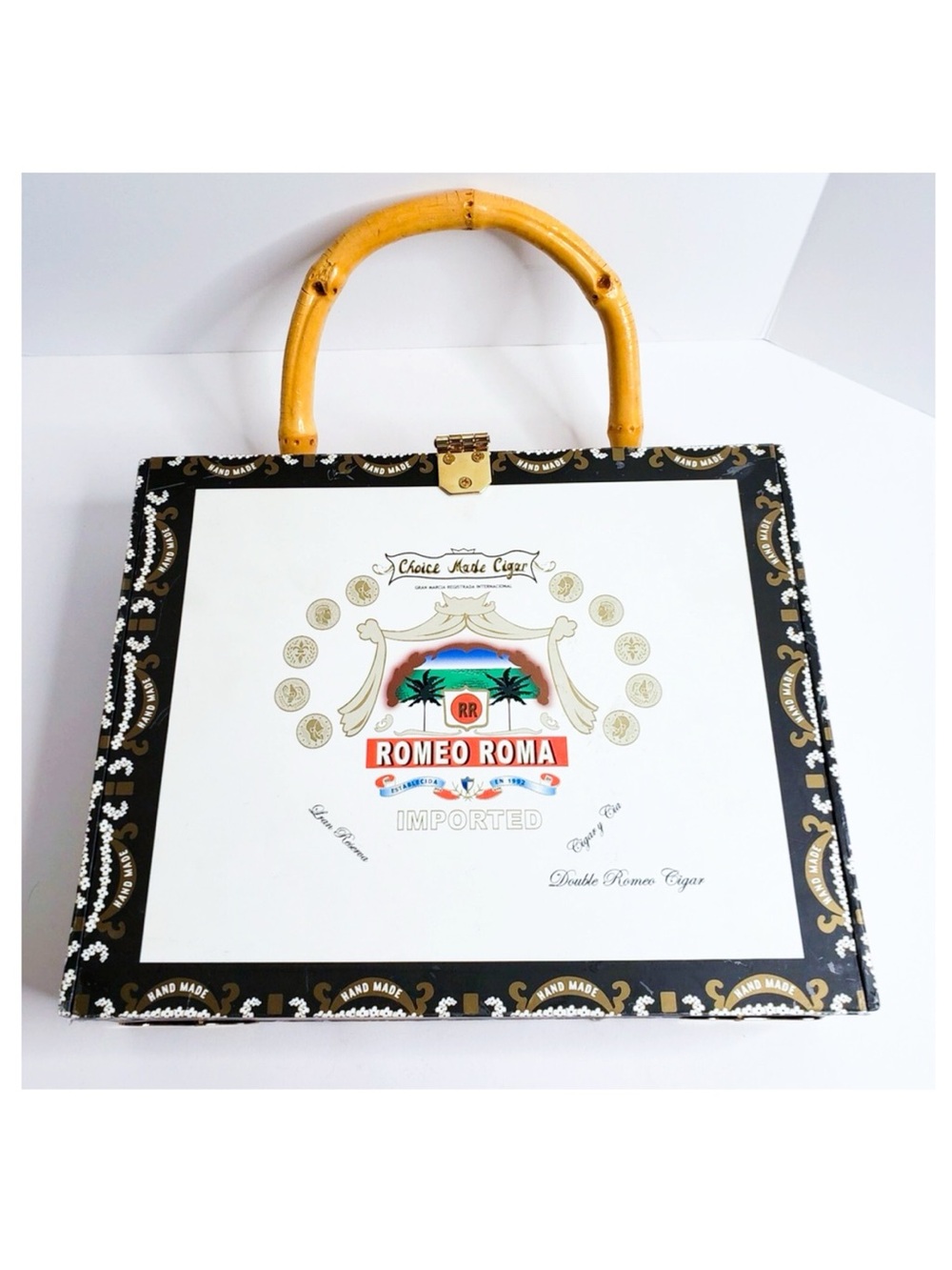 Romero Roma Cigar Box Embellished Cotton Bamboo Handle Lined Handbag